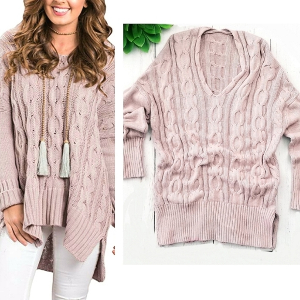 Oversized Long V Neck Cable Knit Sweater